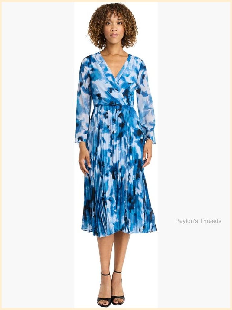 Elegant Wrap Midi Dress - Long Sleeve V-Neck Pleated Skirt - Wedding Guest